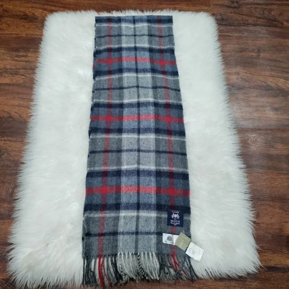 Moon by J.Crew 100% Pure Merino Wool Navy Plaid Scarf 11.5"x37" Woven In England - Picture 1 of 7